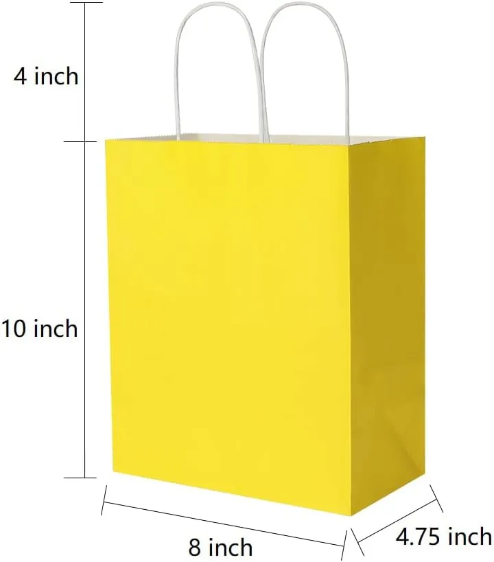 Oikss 100 Pack 8x4.75x10 Inch Medium Yellow Kraft Paper Bags with Handles Bulk for Birthday Wedding Party Favors Grocery Retail Shopping Business Takeout Goody Craft Gift Bags Sacks, (100pcs Count)