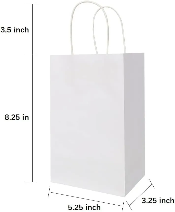 Oikss 50 Pack 5.25x3.25x8.25 Inch Small White Kraft Paper Bags with Handles Bulk for Birthday Wedding Party Favors Grocery Retail Shopping Business Goody Craft Gift Bags Cub Sacks, 50 Count