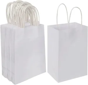Oikss 50 Pack 5.25x3.25x8.25 Inch Small White Kraft Paper Bags with Handles Bulk for Birthday Wedding Party Favors Grocery Retail Shopping Business Goody Craft Gift Bags Cub Sacks, 50 Count