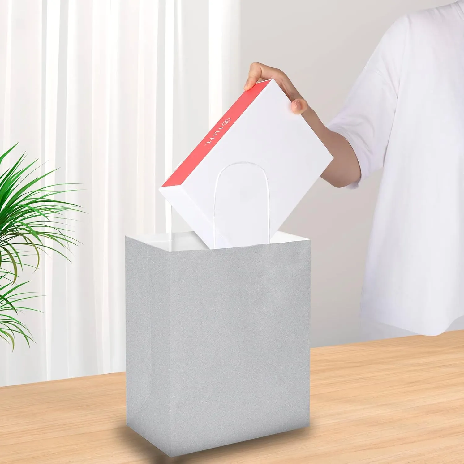 Oikss 50 Pack 8x4.75x10 Inch Medium Gray Kraft Paper Bags with Handles Bulk for Birthday Wedding Party Favors Grocery Retail Shopping Business Goody Craft Gift Bags Sacks, (Silver Grey 50pcs Count)