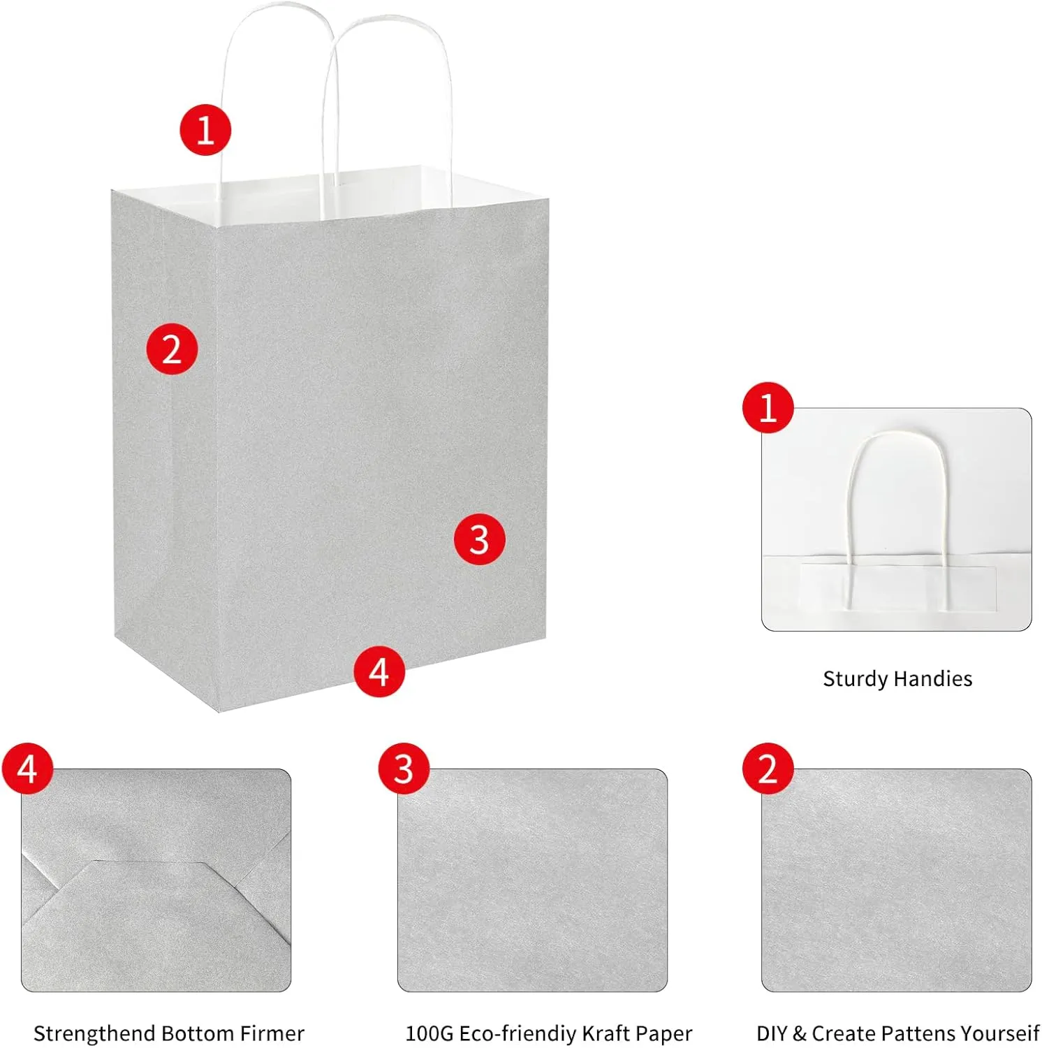 Oikss 50 Pack 8x4.75x10 Inch Medium Gray Kraft Paper Bags with Handles Bulk for Birthday Wedding Party Favors Grocery Retail Shopping Business Goody Craft Gift Bags Sacks, (Silver Grey 50pcs Count)