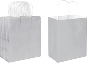 Oikss 50 Pack 8x4.75x10 Inch Medium Gray Kraft Paper Bags with Handles Bulk for Birthday Wedding Party Favors Grocery Retail Shopping Business Goody Craft Gift Bags Sacks, (Silver Grey 50pcs Count)