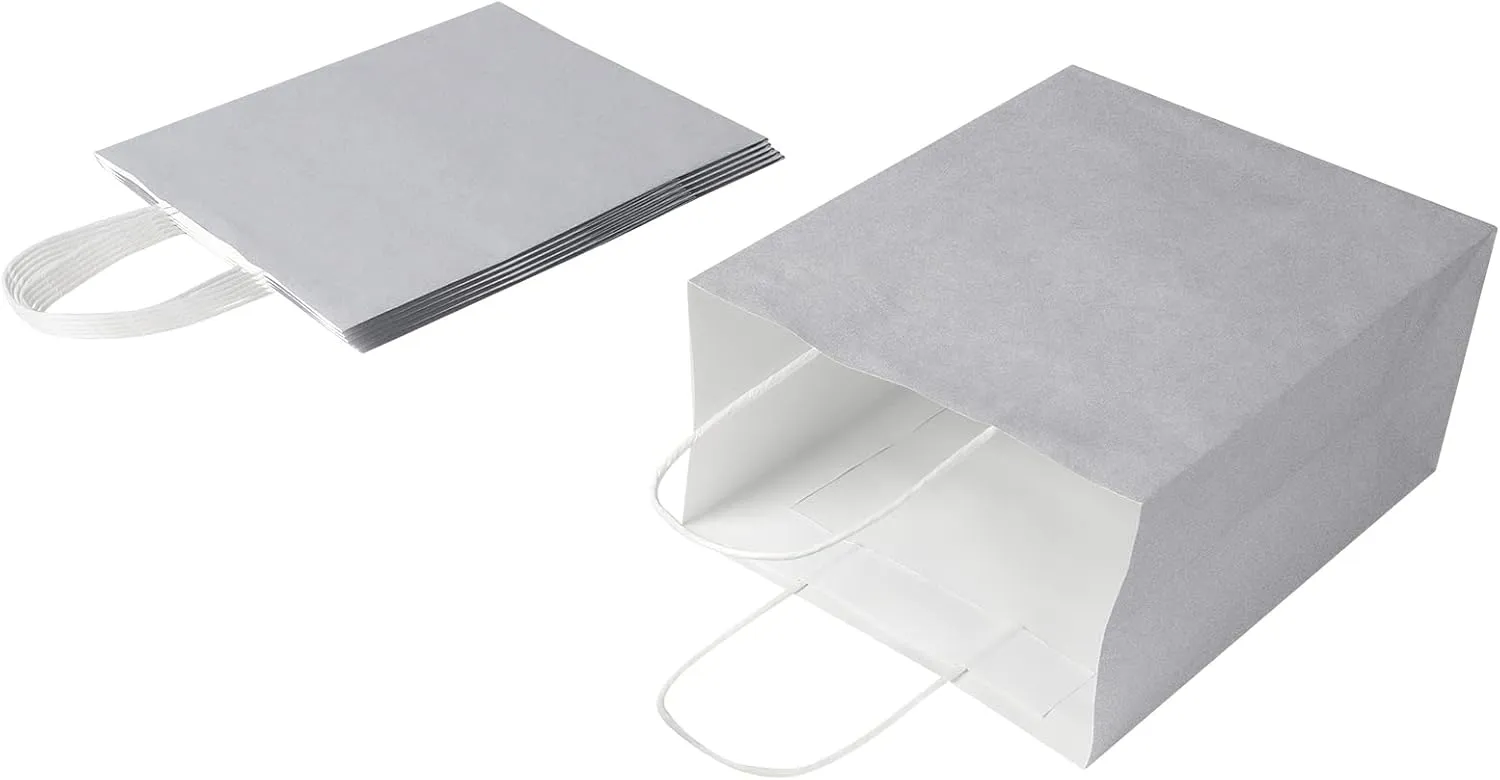 Oikss 50 Pack 8x4.75x10 Inch Medium Gray Kraft Paper Bags with Handles Bulk for Birthday Wedding Party Favors Grocery Retail Shopping Business Goody Craft Gift Bags Sacks, (Silver Grey 50pcs Count)