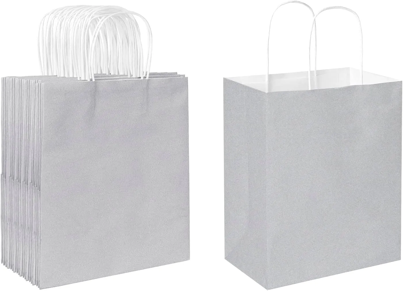 Oikss 50 Pack 8x4.75x10 Inch Medium Gray Kraft Paper Bags with Handles Bulk for Birthday Wedding Party Favors Grocery Retail Shopping Business Goody Craft Gift Bags Sacks, (Silver Grey 50pcs Count)
