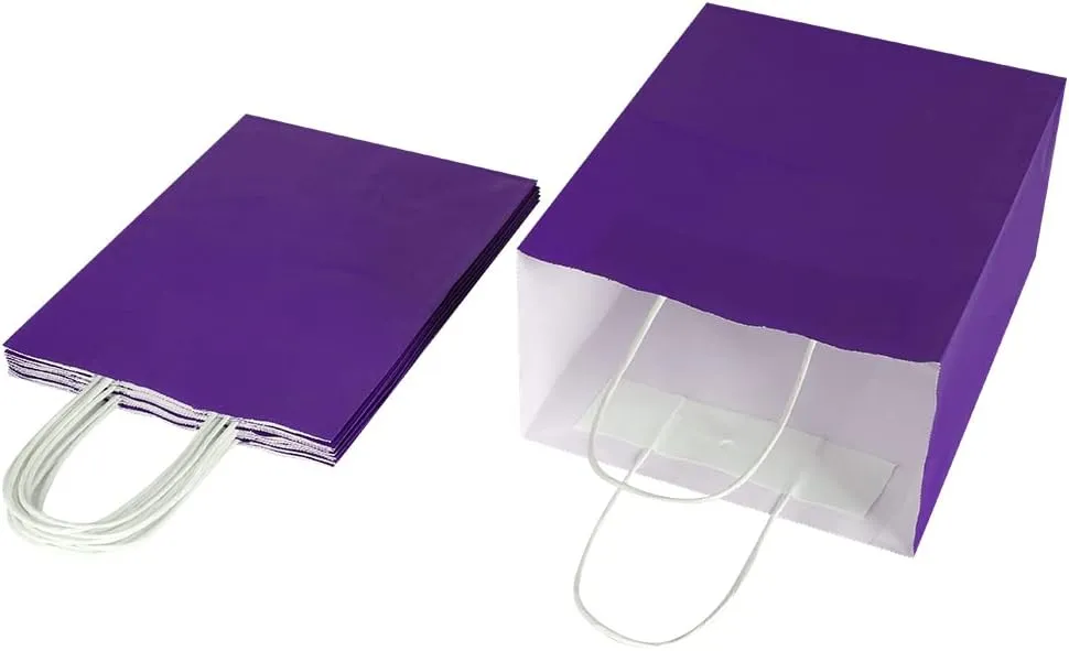 Oikss 50 Pack 8x4.75x10 Inch Medium Purple Kraft Paper Bags with Handles Bulk for Birthday Wedding Party Favors Grocery Retail Shopping Takeout Business Goody Craft Gift Bags Sacks, (50pcs Count)