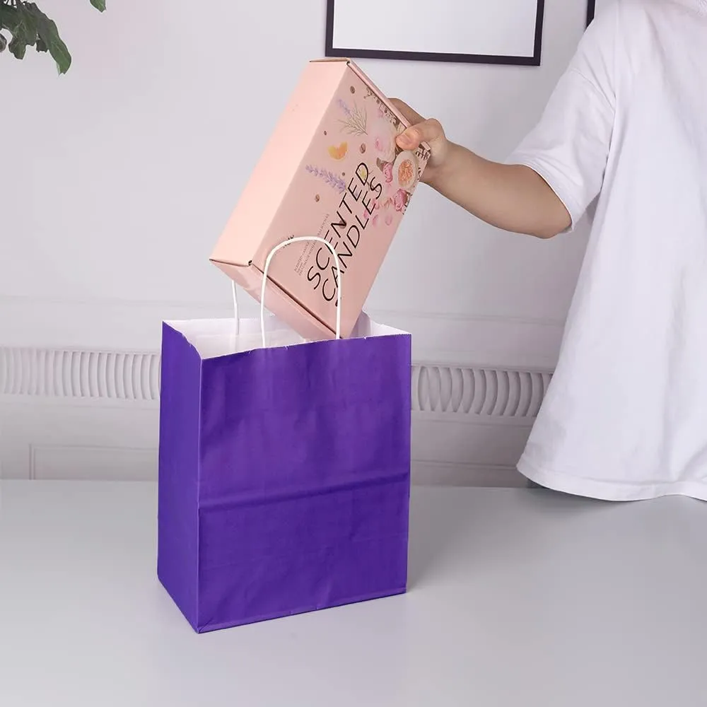 Oikss 50 Pack 8x4.75x10 Inch Medium Purple Kraft Paper Bags with Handles Bulk for Birthday Wedding Party Favors Grocery Retail Shopping Takeout Business Goody Craft Gift Bags Sacks, (50pcs Count)