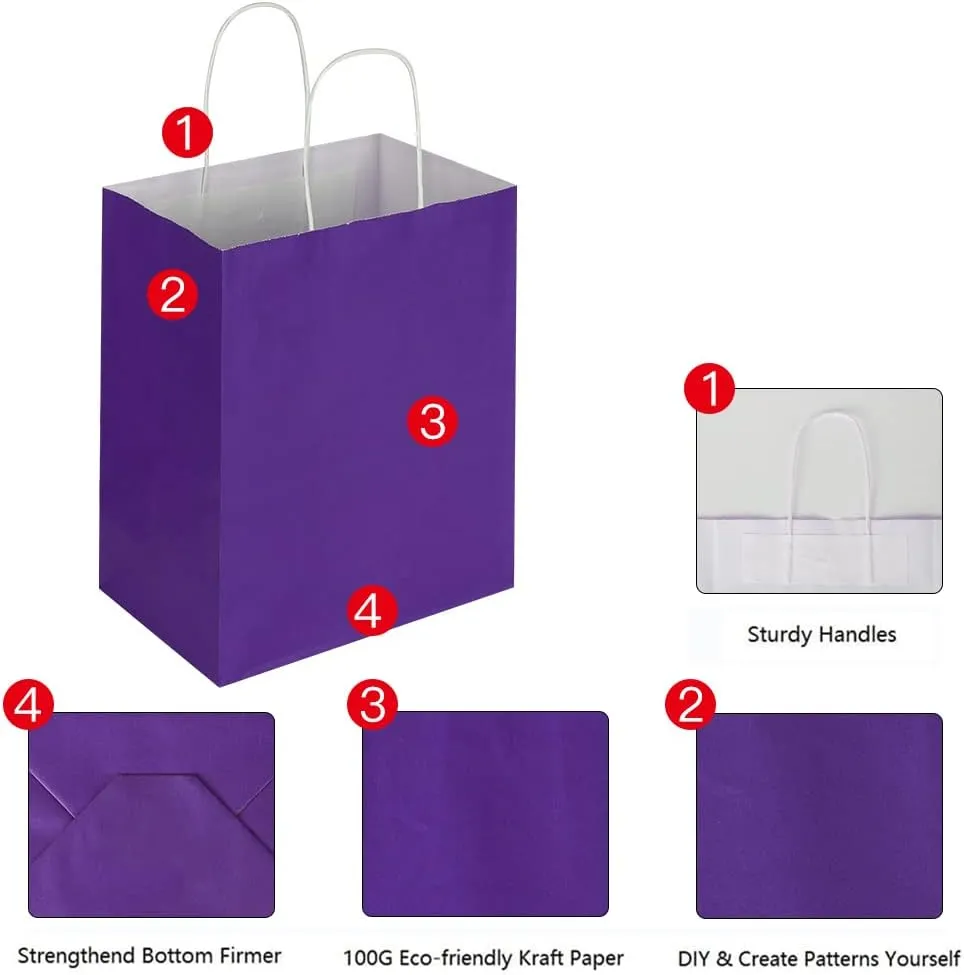 Oikss 50 Pack 8x4.75x10 Inch Medium Purple Kraft Paper Bags with Handles Bulk for Birthday Wedding Party Favors Grocery Retail Shopping Takeout Business Goody Craft Gift Bags Sacks, (50pcs Count)