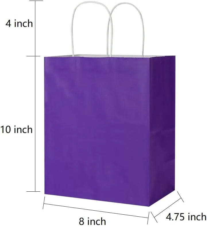 Oikss 50 Pack 8x4.75x10 Inch Medium Purple Kraft Paper Bags with Handles Bulk for Birthday Wedding Party Favors Grocery Retail Shopping Takeout Business Goody Craft Gift Bags Sacks, (50pcs Count)