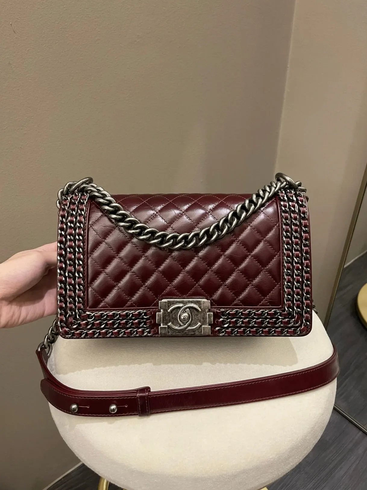Old Aged Calfskin Burgundy Medium Top-rated Quilted Chanel Unique assortment Chained Bag Boy