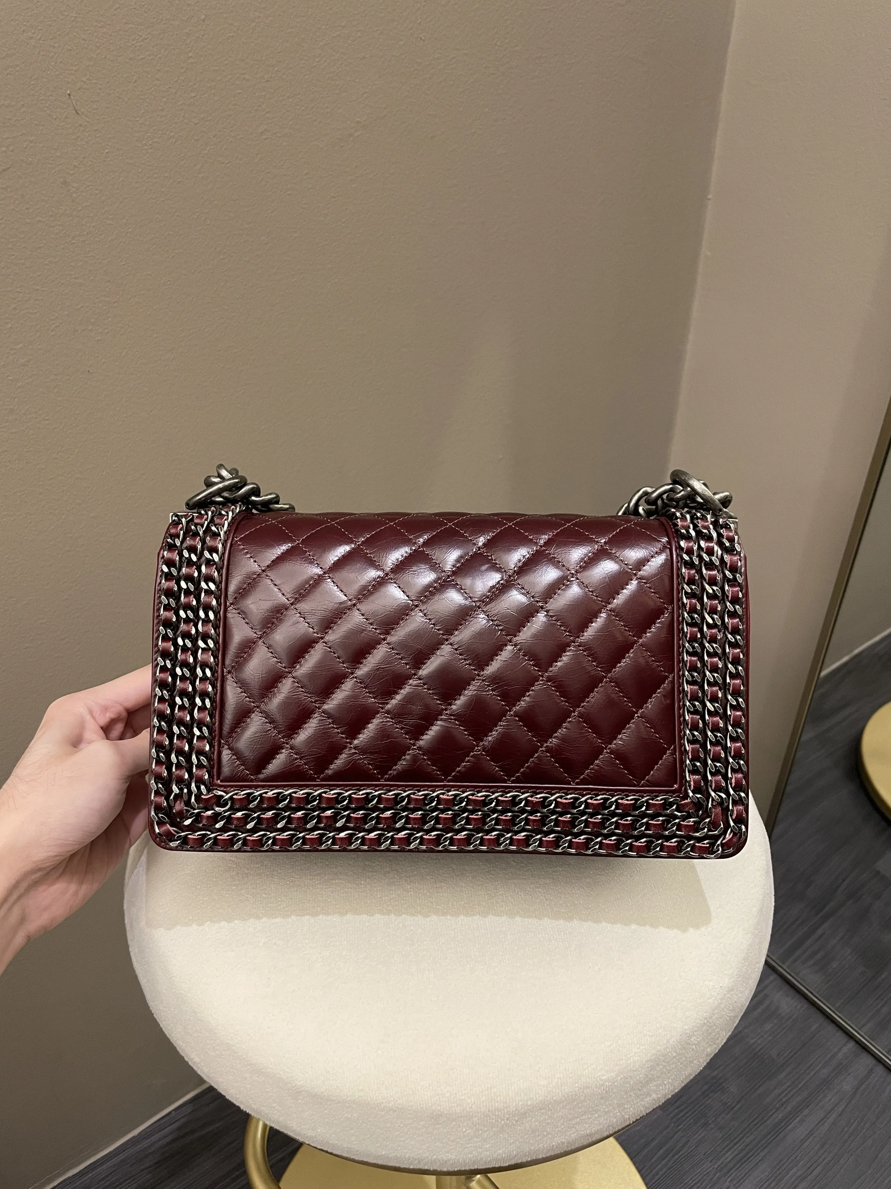 Old Aged Calfskin Burgundy Medium Top-rated Quilted Chanel Unique assortment Chained Bag Boy