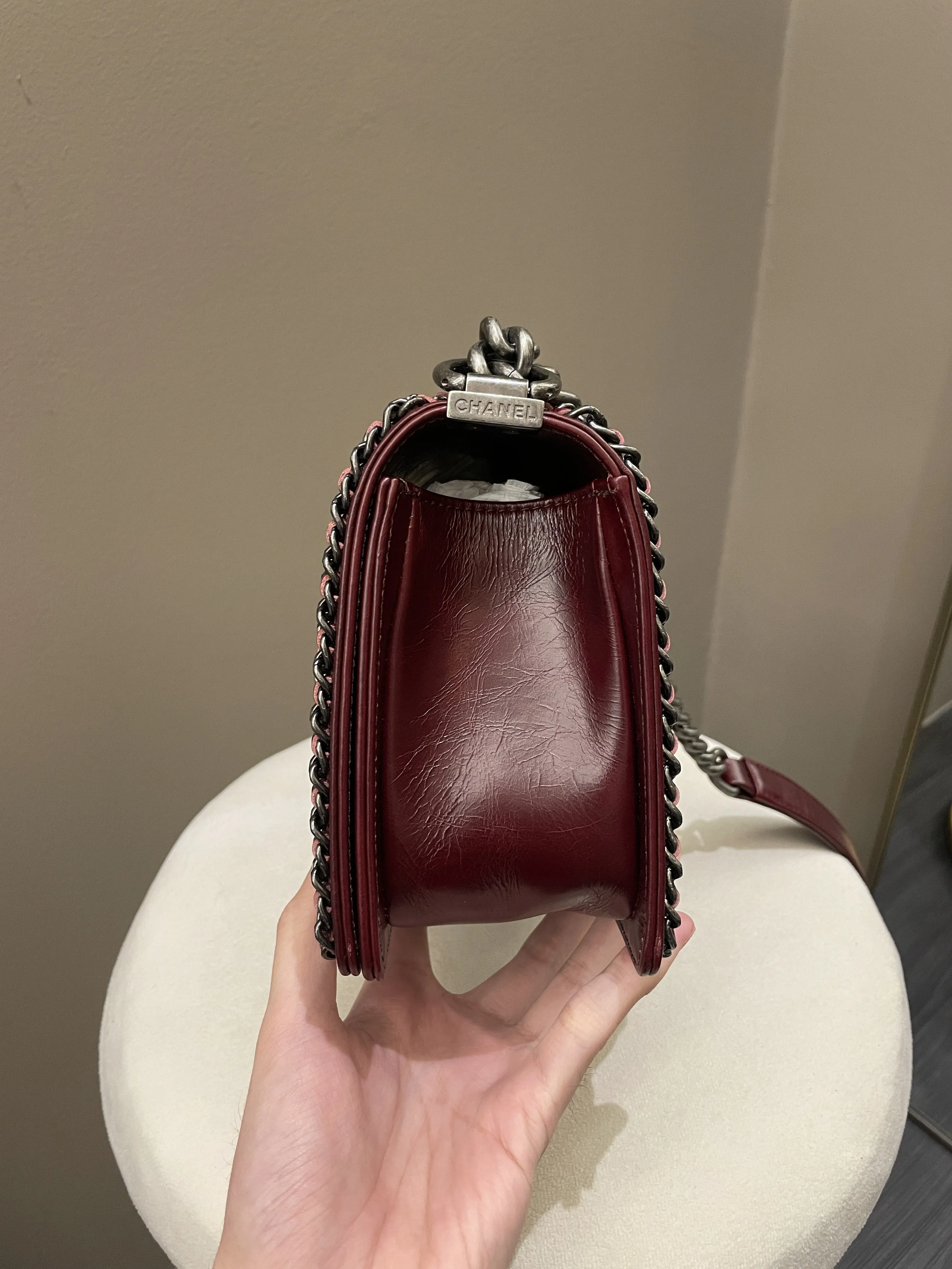 Old Aged Calfskin Burgundy Medium Top-rated Quilted Chanel Unique assortment Chained Bag Boy