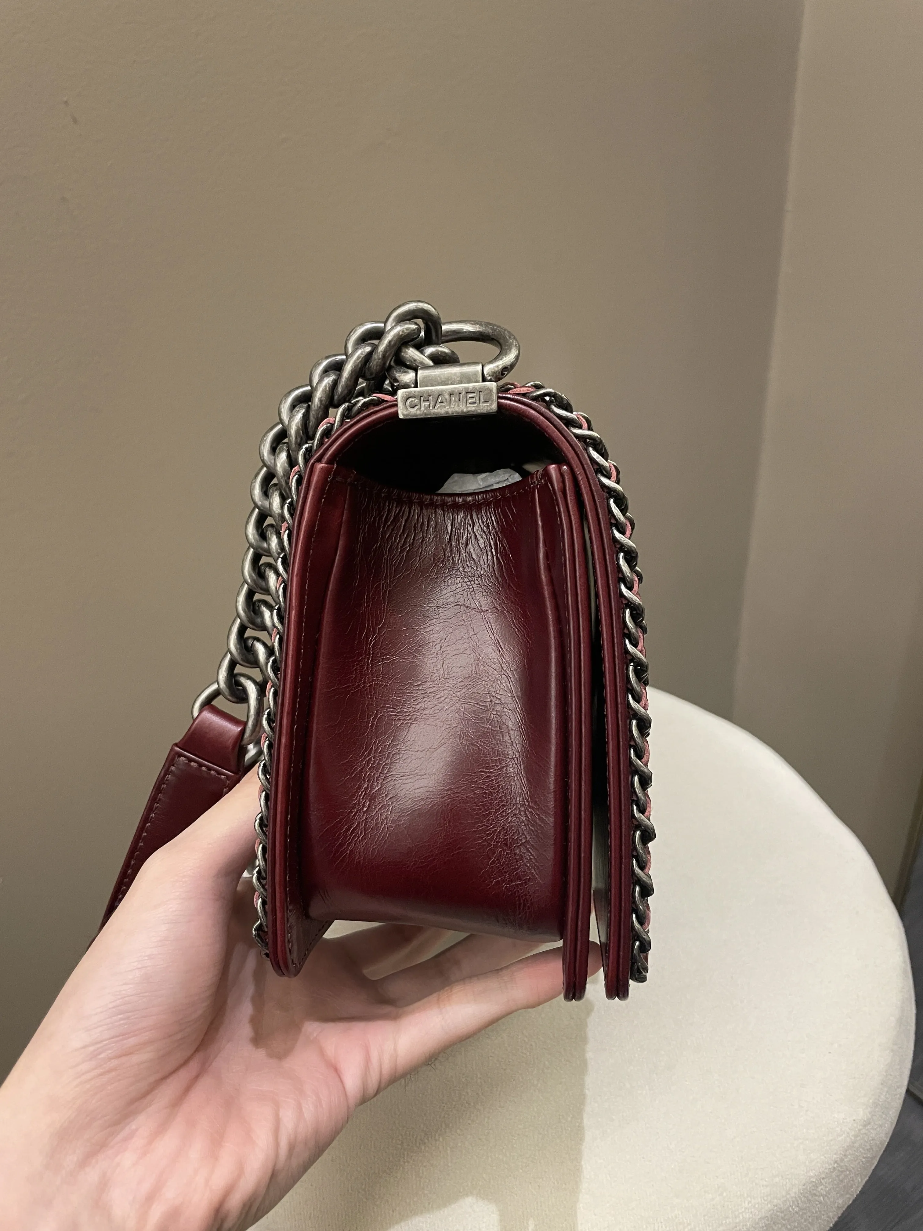 Old Aged Calfskin Burgundy Medium Top-rated Quilted Chanel Unique assortment Chained Bag Boy