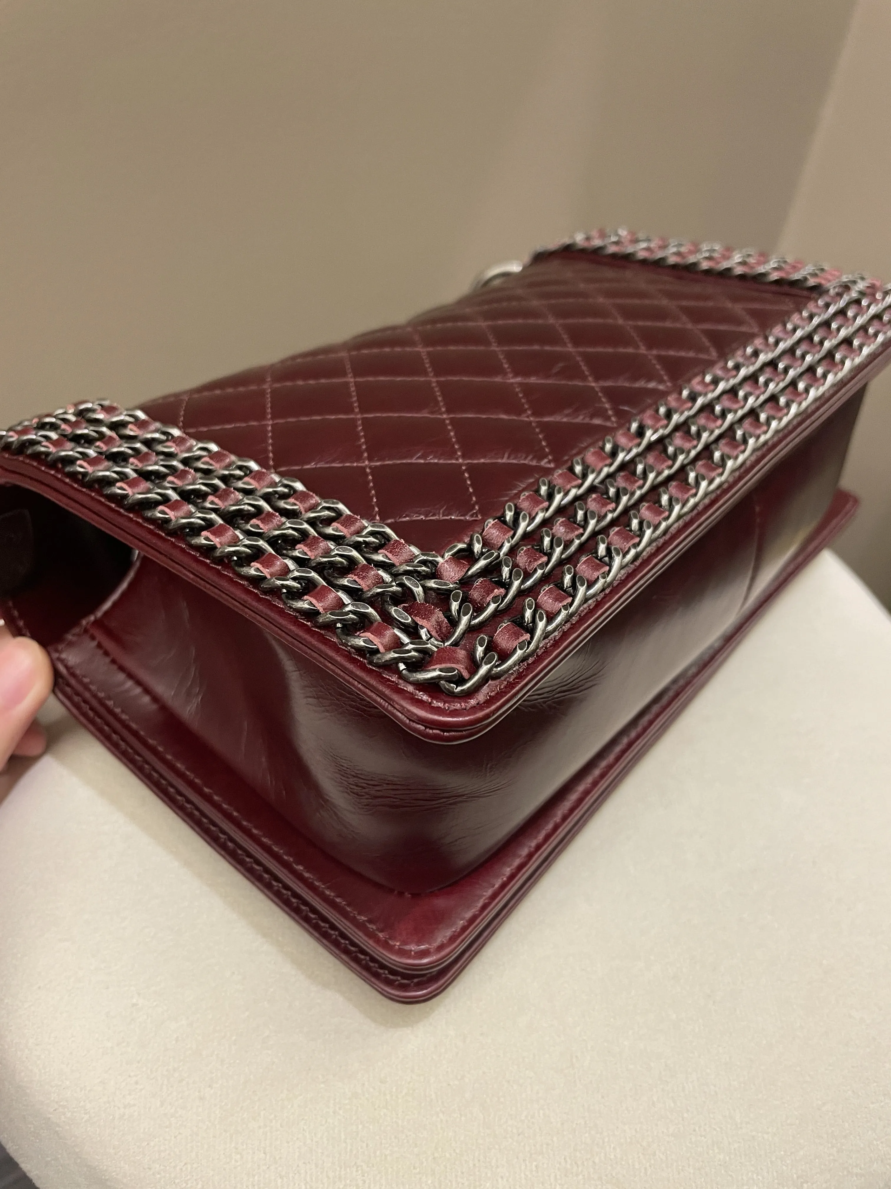 Old Aged Calfskin Burgundy Medium Top-rated Quilted Chanel Unique assortment Chained Bag Boy