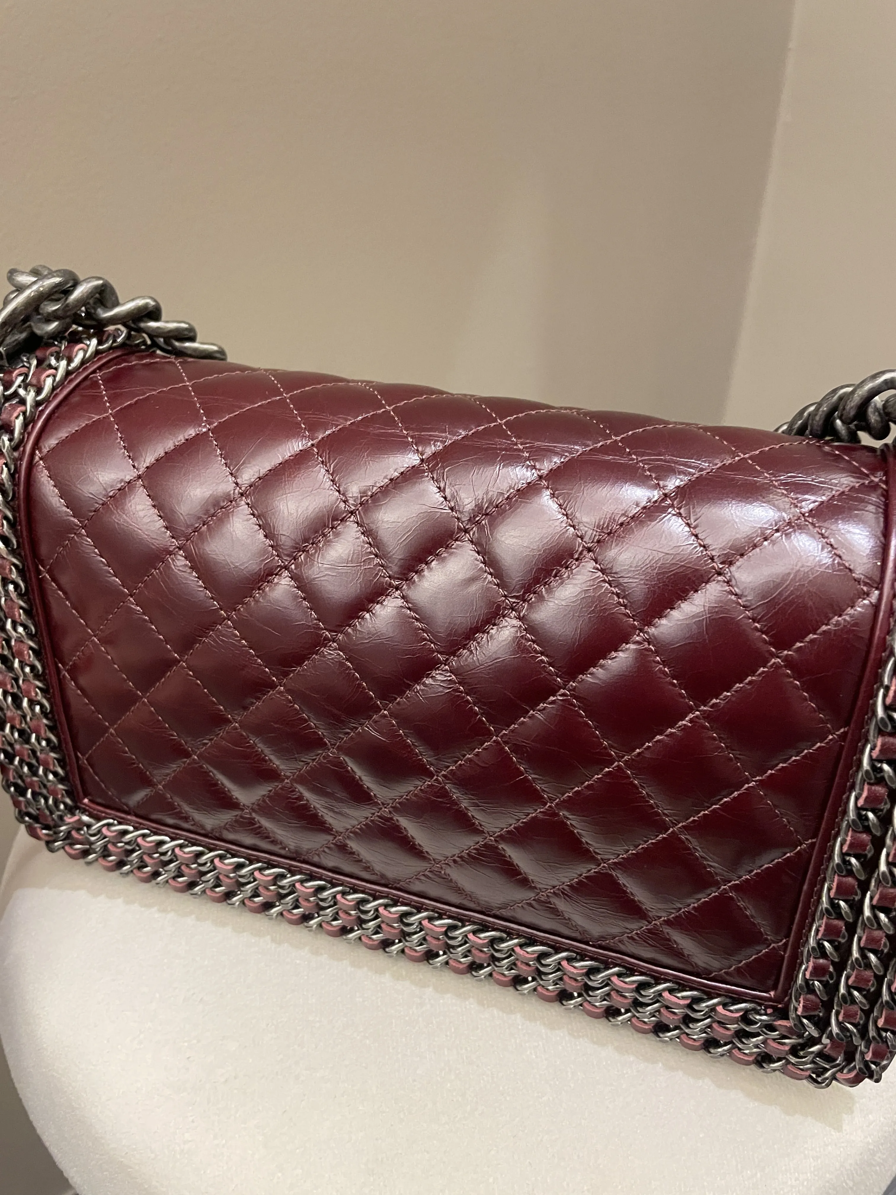 Old Aged Calfskin Burgundy Medium Top-rated Quilted Chanel Unique assortment Chained Bag Boy