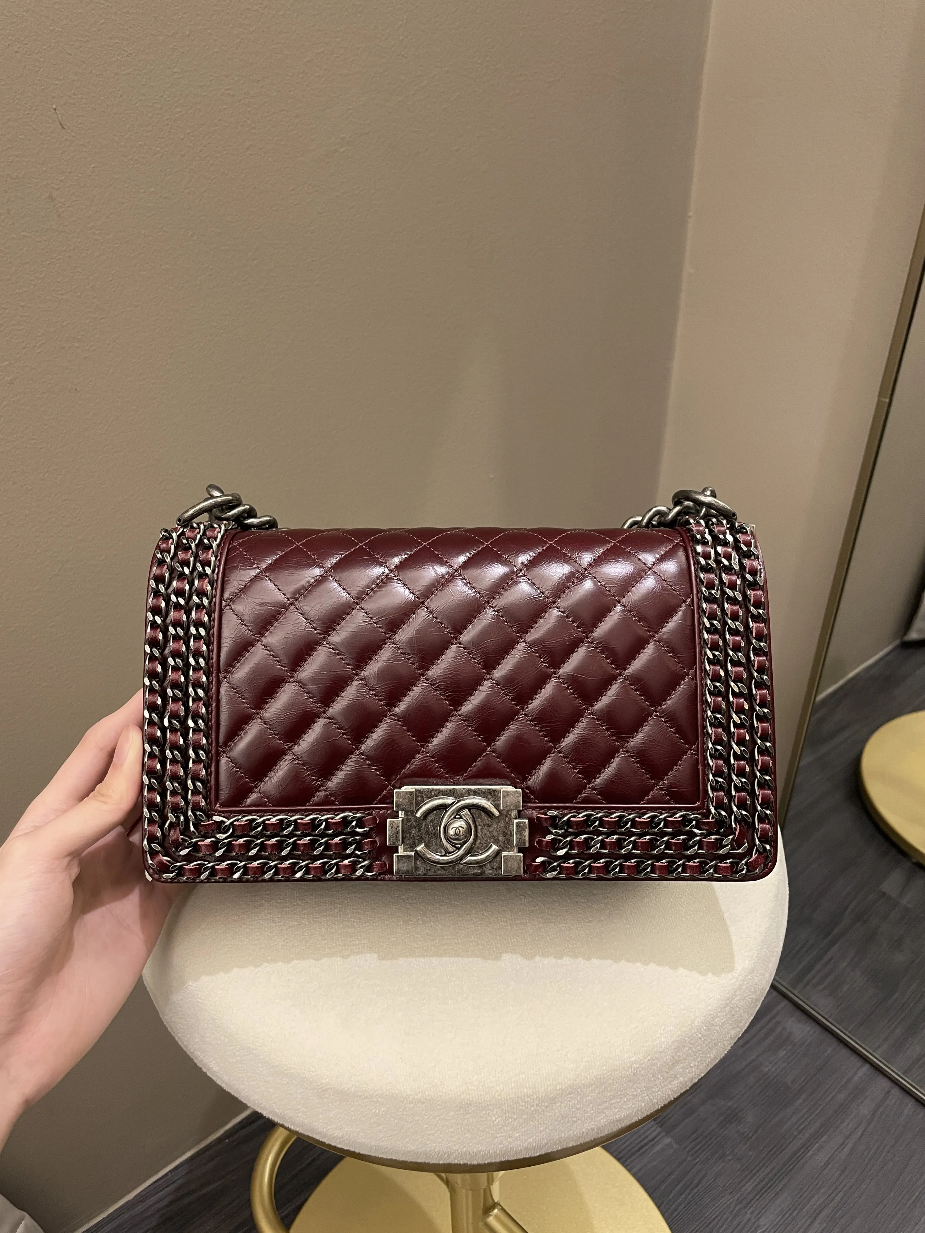 Old Aged Calfskin Burgundy Medium Top-rated Quilted Chanel Unique assortment Chained Bag Boy