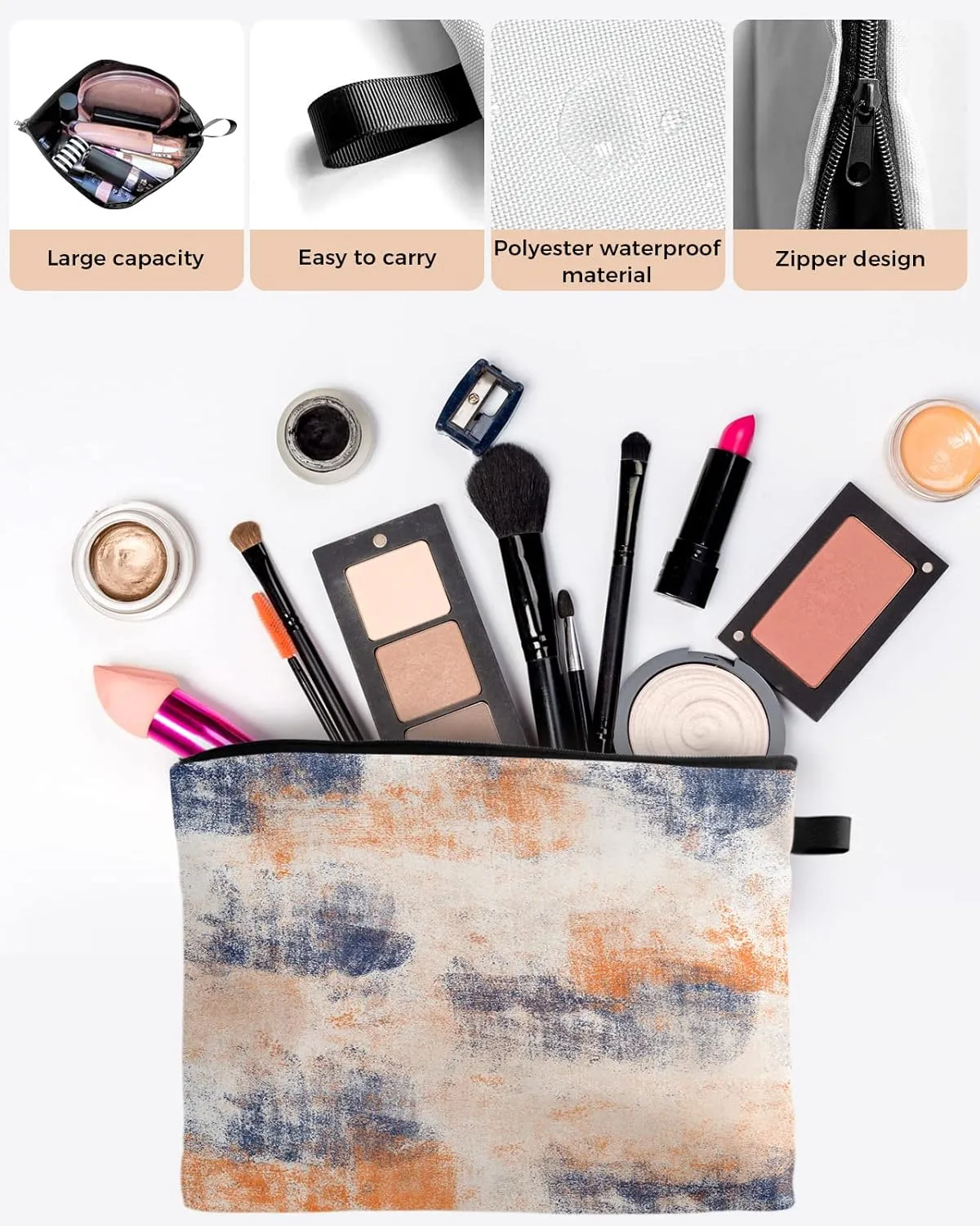 Orange and Blue Cosmetic Bags for Women, Orange Smear Abstract Art Painting Small Makeup Bag for Purse, Waterproof Travel Toiletry Bag Accessories Organizer, 1PCS