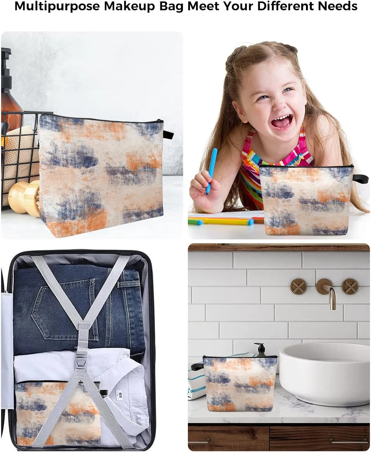 Orange and Blue Cosmetic Bags for Women, Orange Smear Abstract Art Painting Small Makeup Bag for Purse, Waterproof Travel Toiletry Bag Accessories Organizer, 1PCS