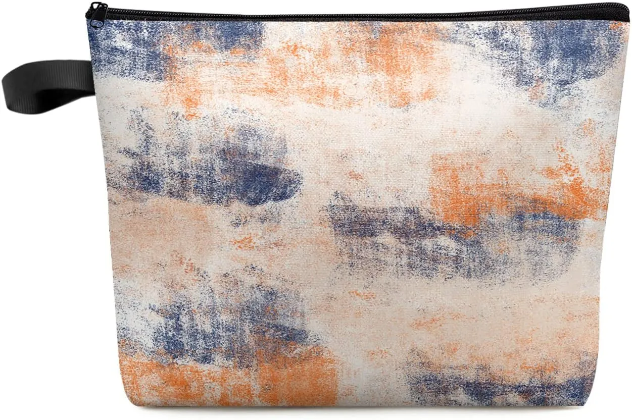 Orange and Blue Cosmetic Bags for Women, Orange Smear Abstract Art Painting Small Makeup Bag for Purse, Waterproof Travel Toiletry Bag Accessories Organizer, 1PCS