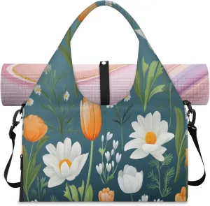 Orange White Flowers Waterproof Gym Bag for Men Women, Sports Duffel Bag with Shoe Compartment Yoga Mat Holder, Portable Large Travel Bag for Fitness, Camping, Weekend Trips