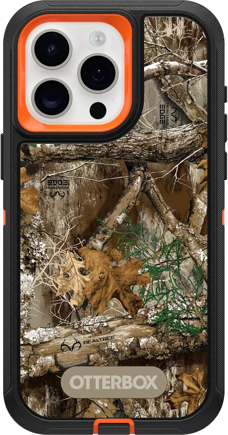OtterBox iPhone 15 Pro MAX (Only) Defender Series Case - Realtree Edge (Blaze Orange/Black/RT Edge), Rugged & Durable, with Port Protection, Includes Holster Clip Kickstand