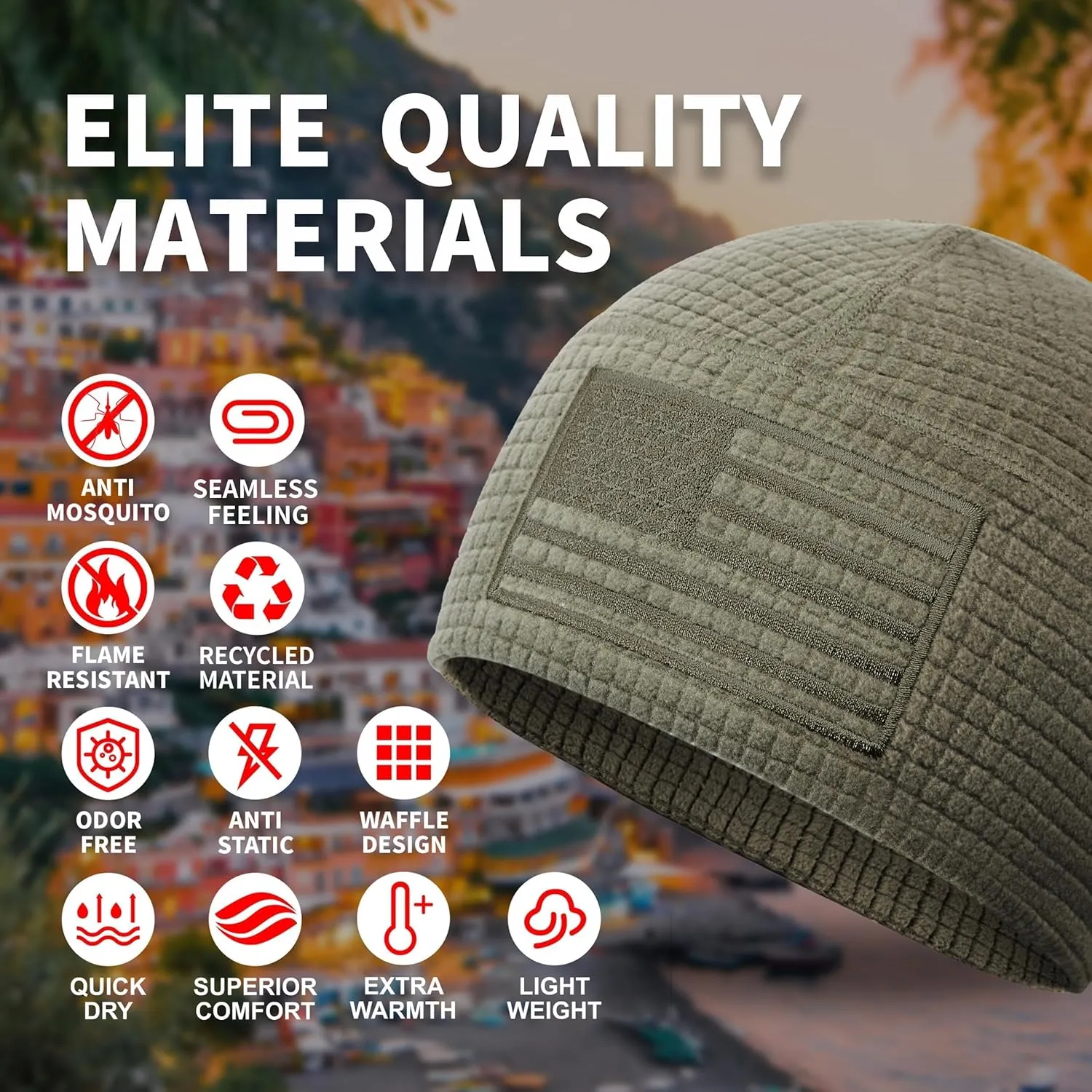 OUTDOOR SHAPING Grid Fleece Beanie with American Flag Embroidery Waffle Tactical Army Military Skull Cap