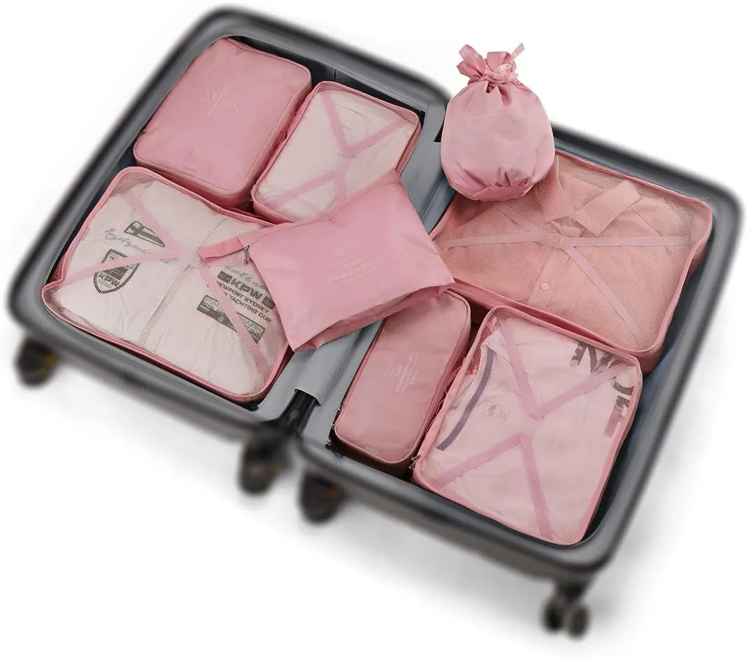 Packing Cubes 8 Sets Travel Luggage Organizers Include Waterproof Shoe Storage Bag Convenient Packing Pouches for Traveller (Pink)