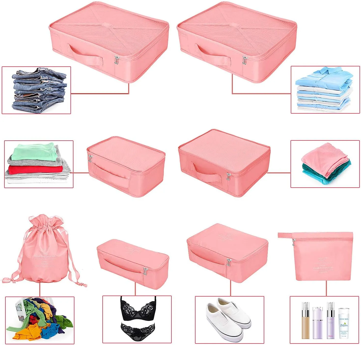 Packing Cubes 8 Sets Travel Luggage Organizers Include Waterproof Shoe Storage Bag Convenient Packing Pouches for Traveller (Pink)