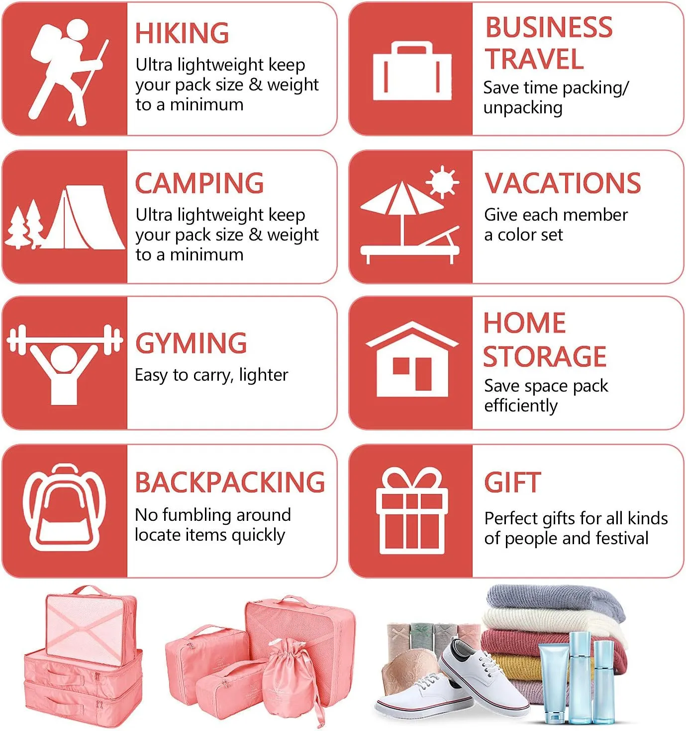 Packing Cubes 8 Sets Travel Luggage Organizers Include Waterproof Shoe Storage Bag Convenient Packing Pouches for Traveller (Pink)