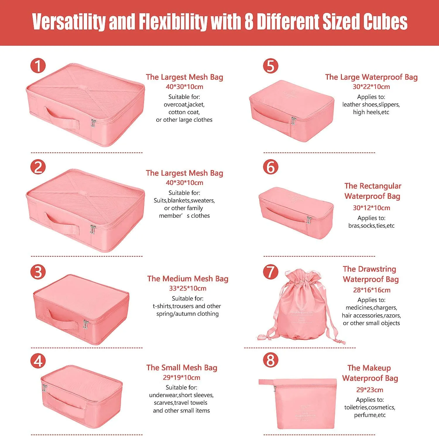 Packing Cubes 8 Sets Travel Luggage Organizers Include Waterproof Shoe Storage Bag Convenient Packing Pouches for Traveller (Pink)