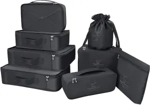 Packing Cubes 8 Sets/7 Colors Travel Luggage Organizers Include Waterproof Shoe Storage Bag Convenient Packing Pouches for Traveller (Black)