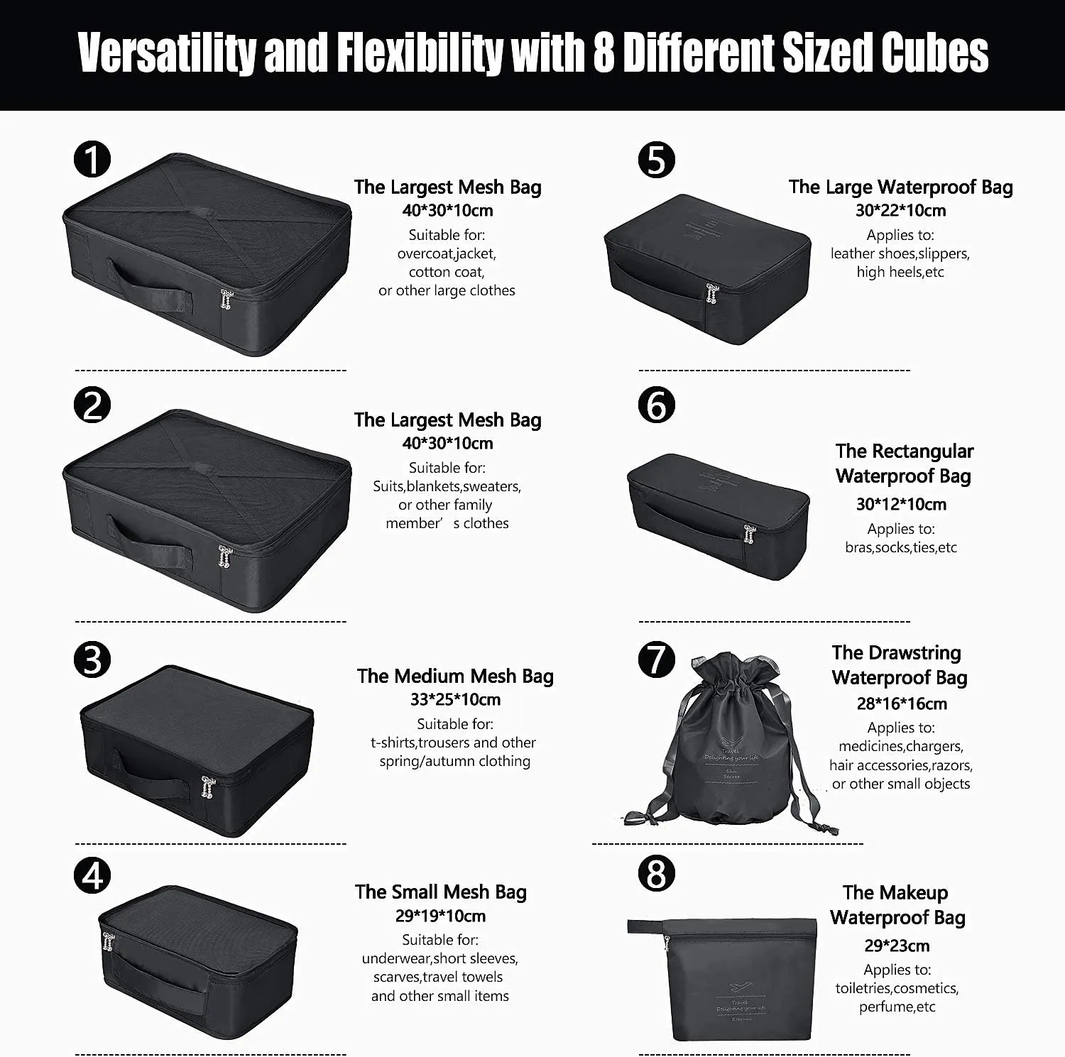 Packing Cubes 8 Sets/7 Colors Travel Luggage Organizers Include Waterproof Shoe Storage Bag Convenient Packing Pouches for Traveller (Black)