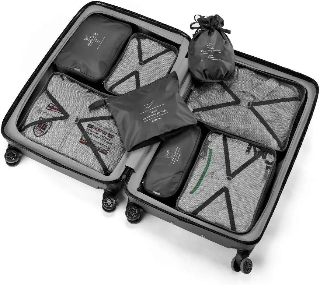 Packing Cubes 8 Sets/7 Colors Travel Luggage Organizers Include Waterproof Shoe Storage Bag Convenient Packing Pouches for Traveller (Black)