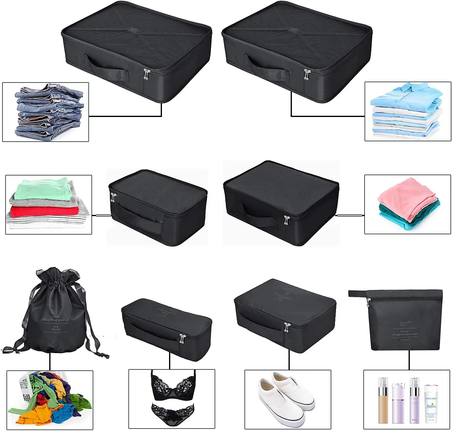 Packing Cubes 8 Sets/7 Colors Travel Luggage Organizers Include Waterproof Shoe Storage Bag Convenient Packing Pouches for Traveller (Black)