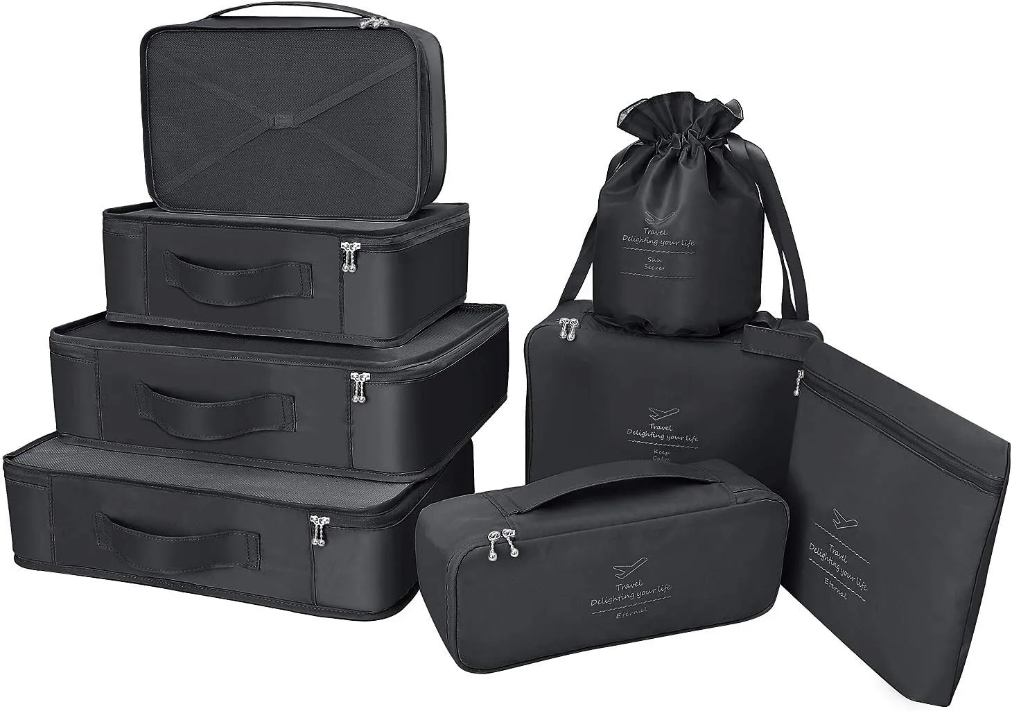 Packing Cubes 8 Sets/7 Colors Travel Luggage Organizers Include Waterproof Shoe Storage Bag Convenient Packing Pouches for Traveller (Black)