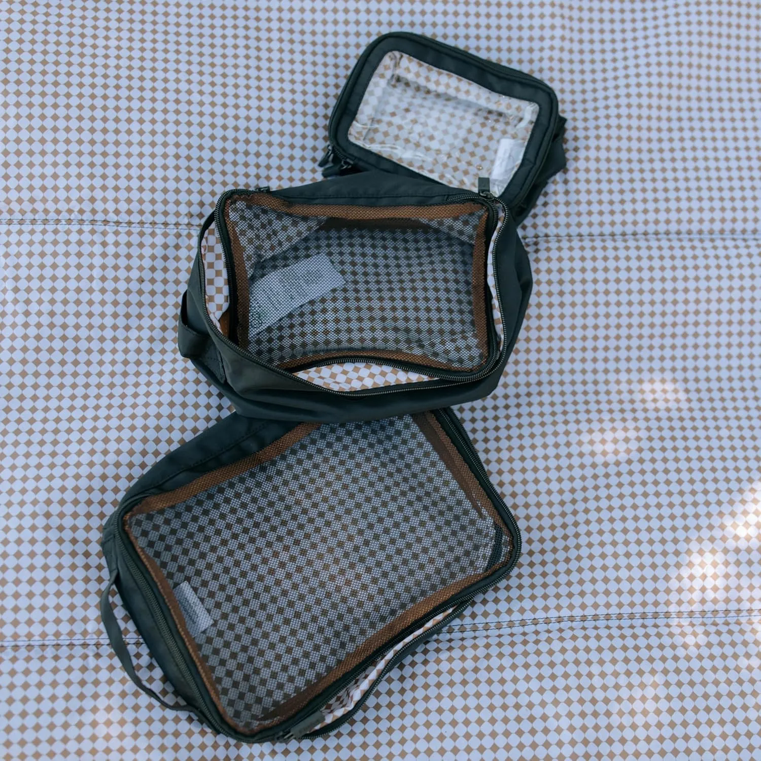 Parker Baby Co. Lightweight Packing Cube Set 3-Pack | Collapsible, Durable, Mesh & Clear Top | Travel Organizer for Diaper Bags, Luggage - Black/Mocha Checker