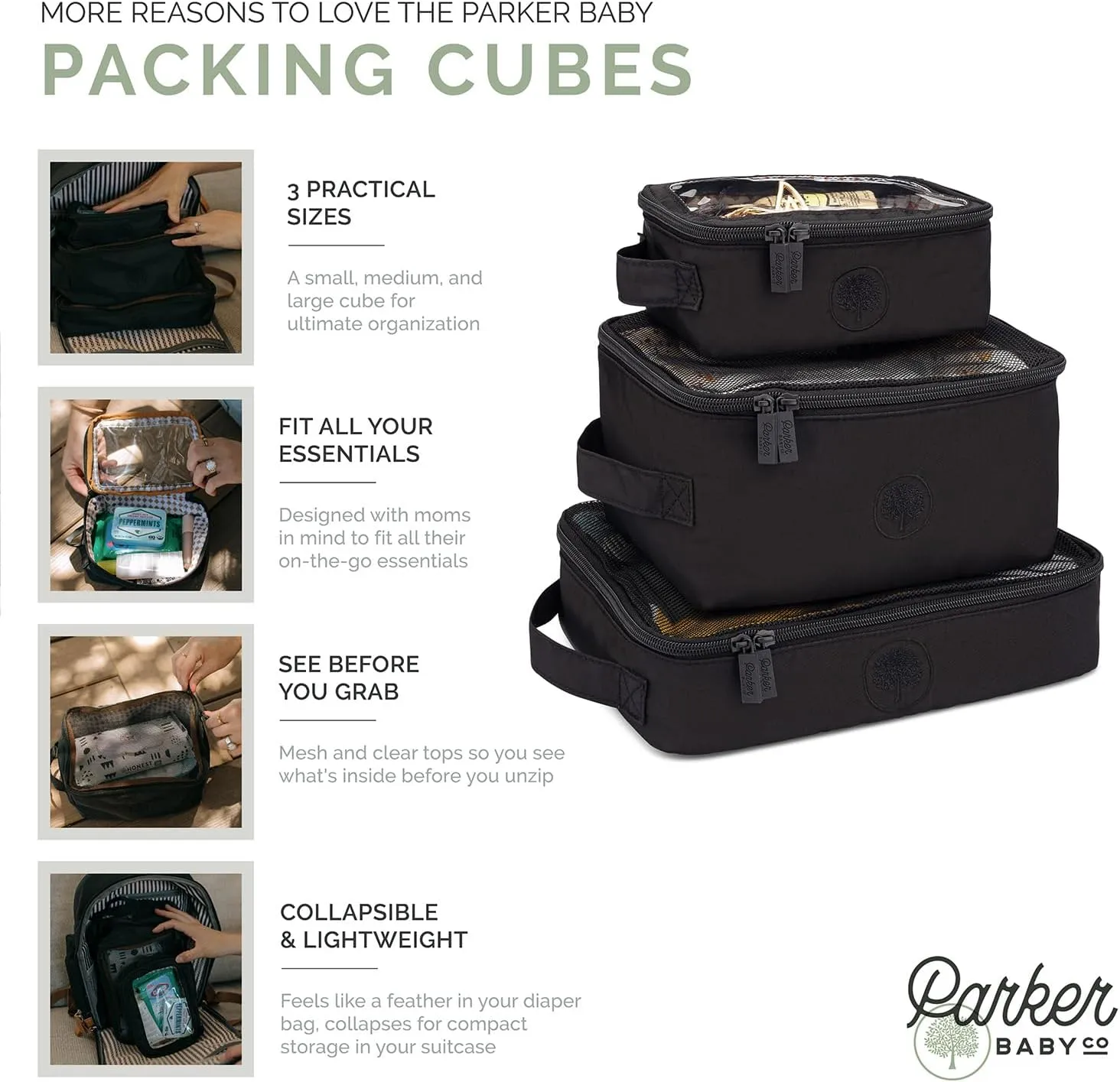 Parker Baby Co. Lightweight Packing Cube Set 3-Pack | Collapsible, Durable, Mesh & Clear Top | Travel Organizer for Diaper Bags, Luggage - Black/Mocha Checker
