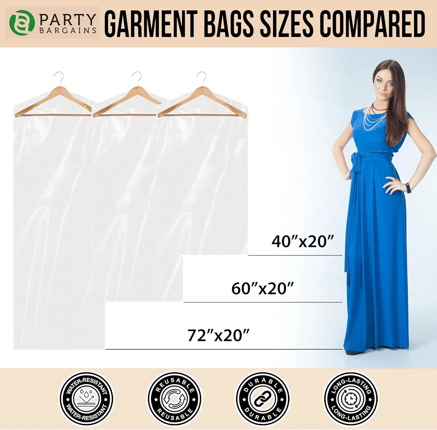 Party Bargains 60x24 Inch Clear Plastic Garment Bags, 50 Pack