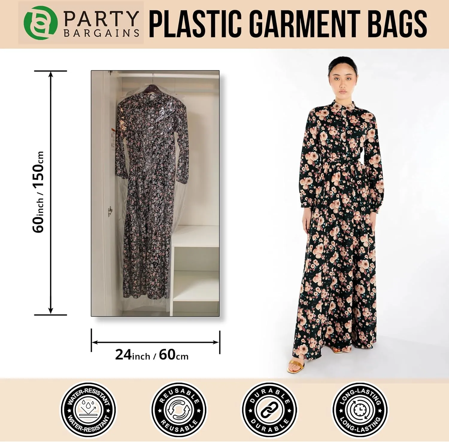 Party Bargains 60x24 Inch Clear Plastic Garment Bags, 50 Pack