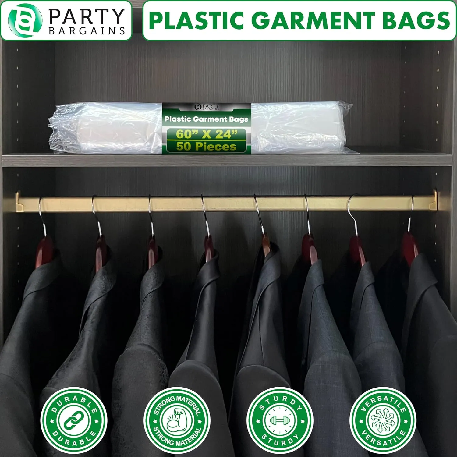 Party Bargains 60x24 Inch Clear Plastic Garment Bags, 50 Pack