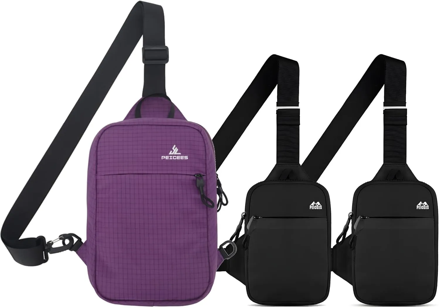Peicees Pack of 3 Sling Bags for Women Men Trendy Casual Phone Chest Bag Waterproof Crossbody Daypack, Small Purple and MIni Black and Mini Black