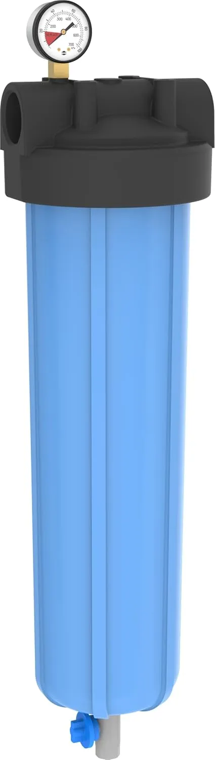 Pentair Pentek 150367 PBH Big Blue Bag Filter Housing, 1" NPT #20 Bag Vessel Assembly with Gauge, Wrench and Drain Valve, 20-Inch, Black/Blue