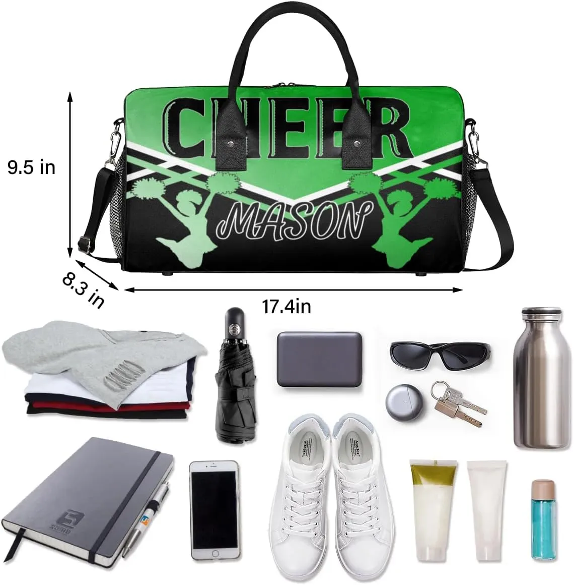 Personalized Cheer Bags for Cheerleaders, Custom Name Sport Gym Duffel Bags, Customized Travel Overnight Weekender Bags Personalized Cheerleading Gifts, Grass Green Gradient