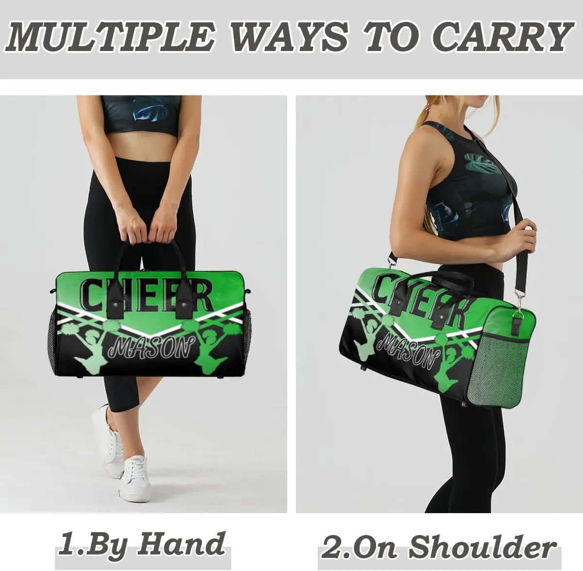 Personalized Cheer Bags for Cheerleaders, Custom Name Sport Gym Duffel Bags, Customized Travel Overnight Weekender Bags Personalized Cheerleading Gifts, Grass Green Gradient
