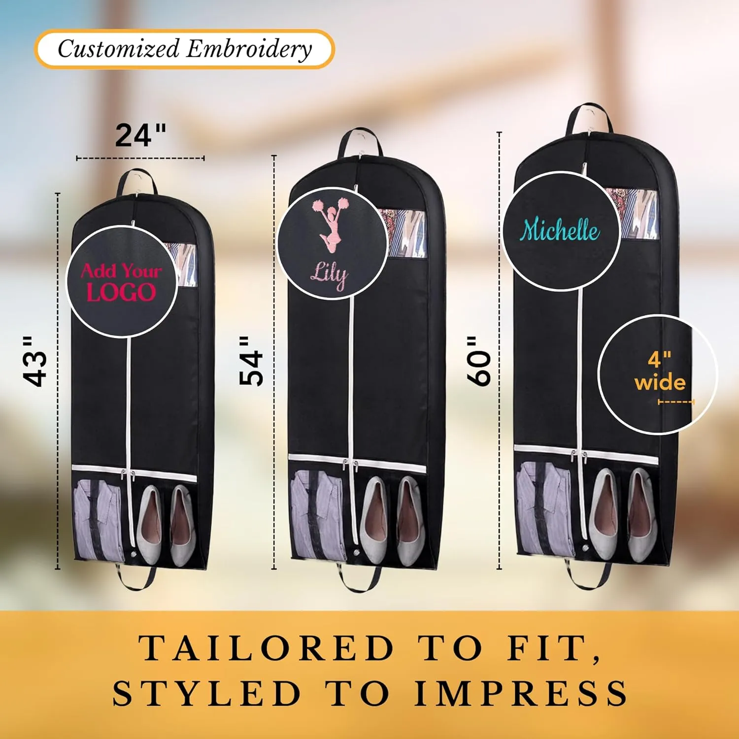 Personalized Cheer Uniform Garment Bag With Name Embroidered Breathable Black Bags With 2 Mesh Pockets Ideal For Cheerleader Gifts For Hanging Clothes Dress Cover Bag With Carry Handles Cheer Stuff