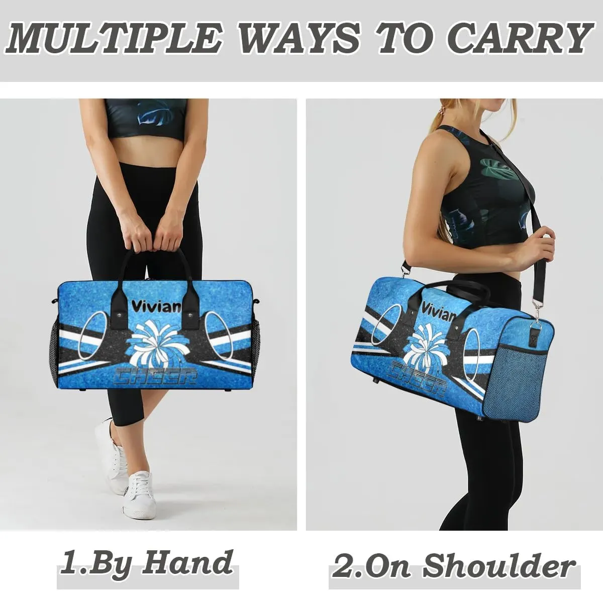 Personalized Cheerleader Cheer Bag for Women, Custom Name Sport Duffel Bag Custom Travel Overnight Weekender Bags, Personalized Gifts Blue Pattern