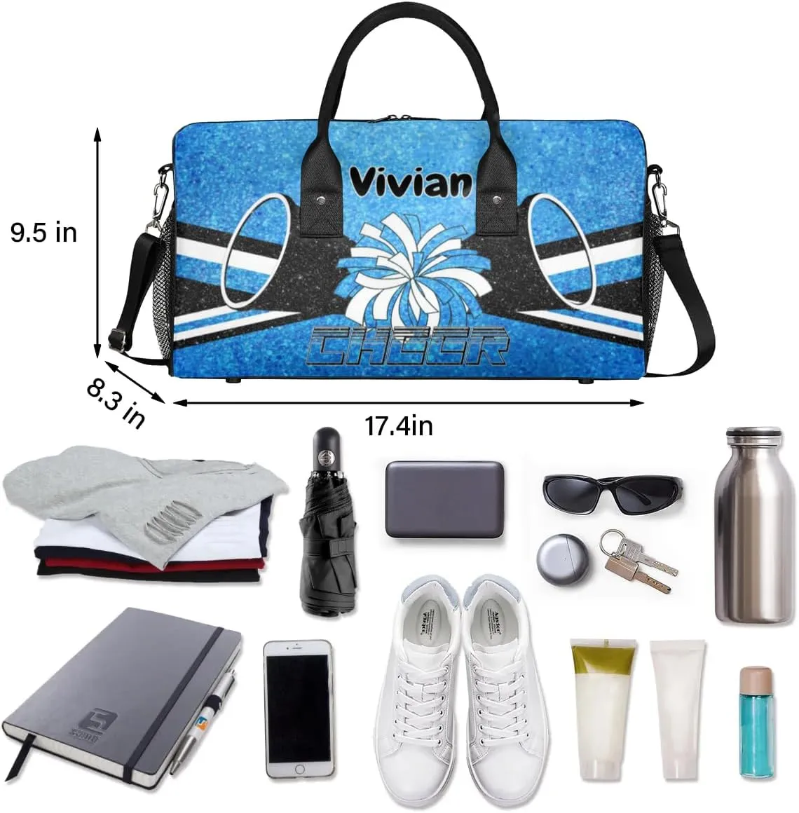 Personalized Cheerleader Cheer Bag for Women, Custom Name Sport Duffel Bag Custom Travel Overnight Weekender Bags, Personalized Gifts Blue Pattern
