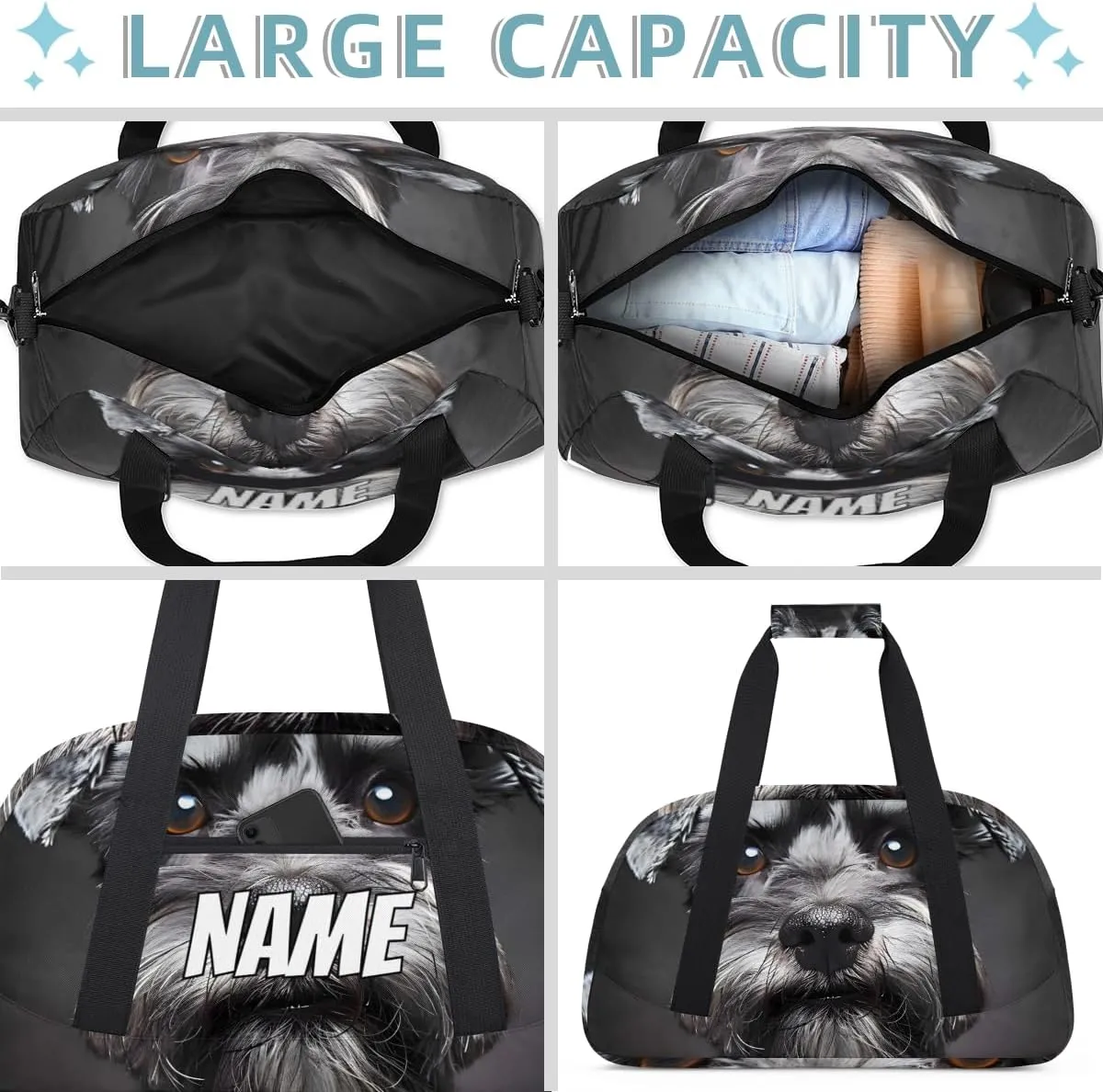 Personalized Custom Gym Bag for Women Men Carry on Lovely Schnauzer Dog Travel Duffel Tote Pet Animal Overnight Workout Weekender Bag