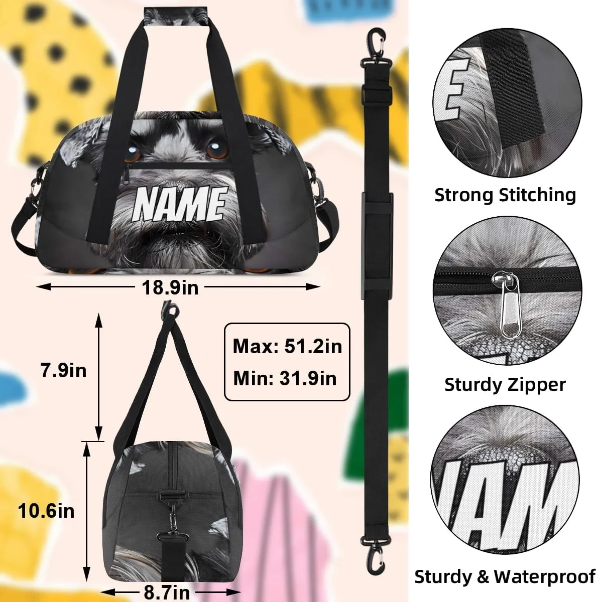 Personalized Custom Gym Bag for Women Men Carry on Lovely Schnauzer Dog Travel Duffel Tote Pet Animal Overnight Workout Weekender Bag