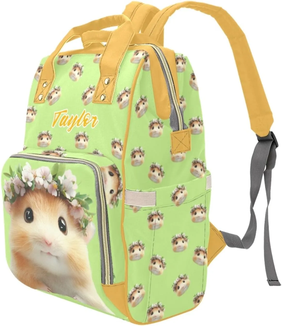 Personalized Custom Mommy Baby Backpack, Custom Name Waterproof Diaper Bag, Large Capacity Multifunctional, Cute Hamster and Guinea Pig Elements, Spacious Mommy Bag