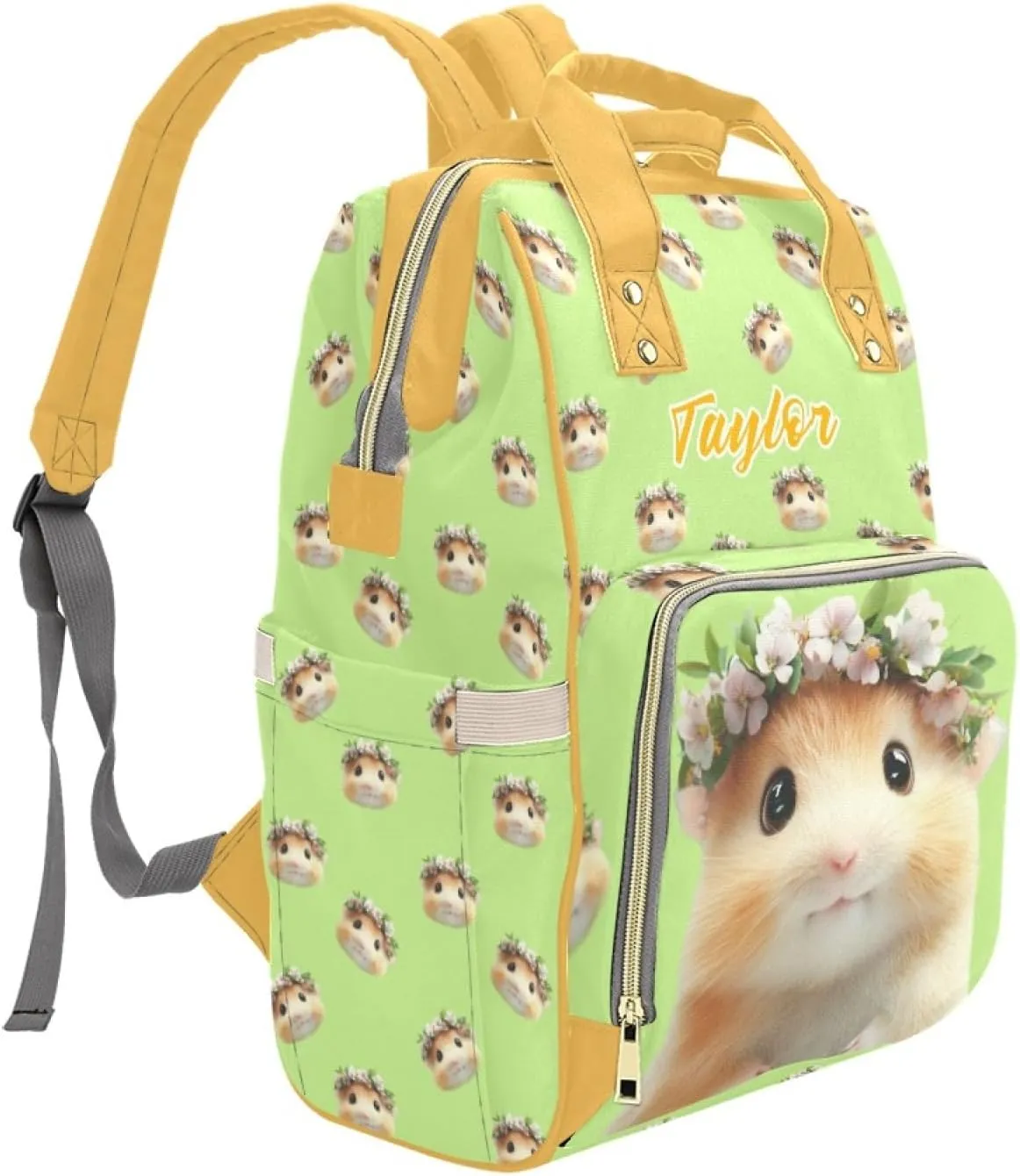 Personalized Custom Mommy Baby Backpack, Custom Name Waterproof Diaper Bag, Large Capacity Multifunctional, Cute Hamster and Guinea Pig Elements, Spacious Mommy Bag